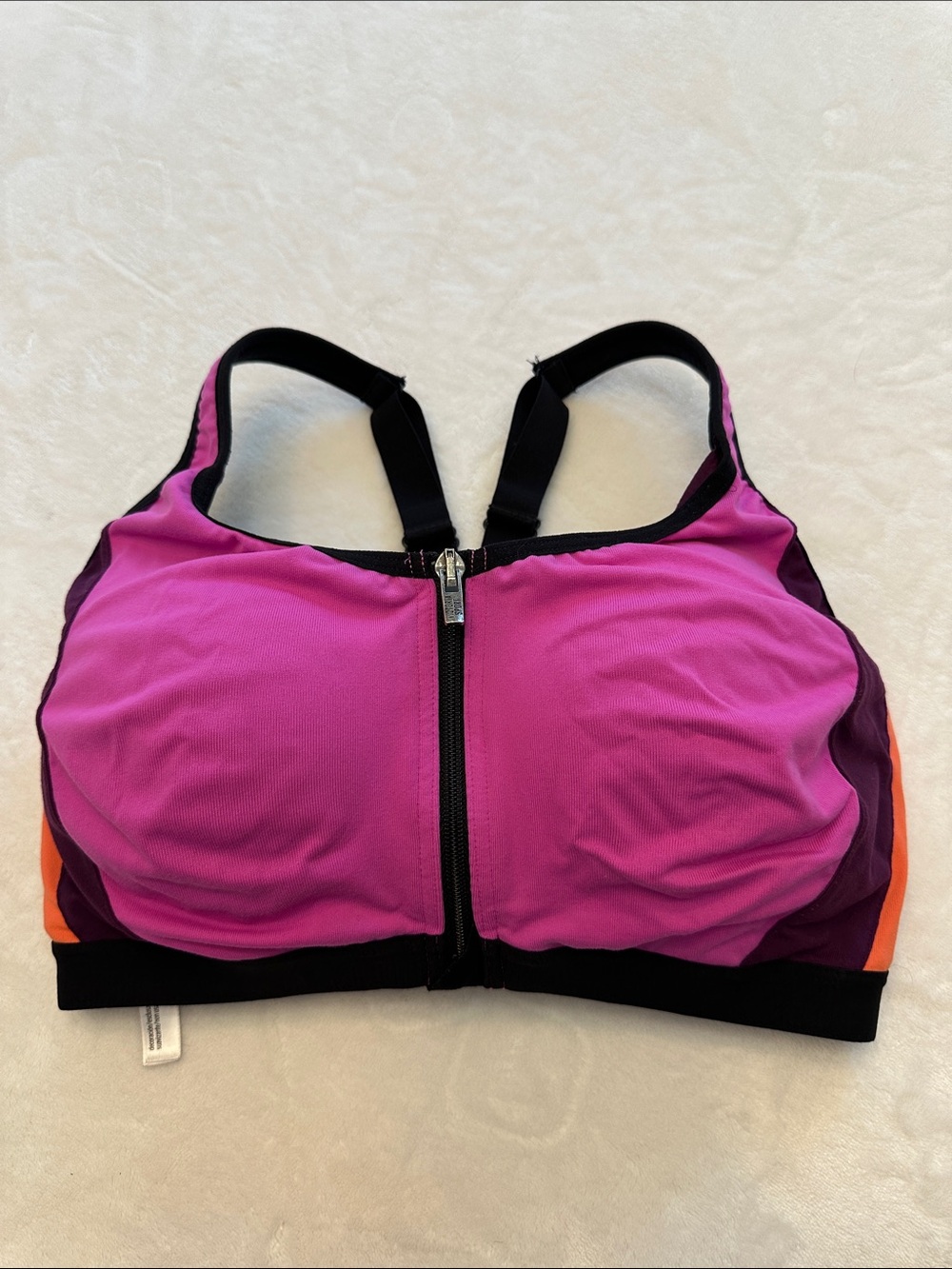 Front-Zip Performance Sports Bra in Fuchsia with Contrast Panels- Size 34DDD
